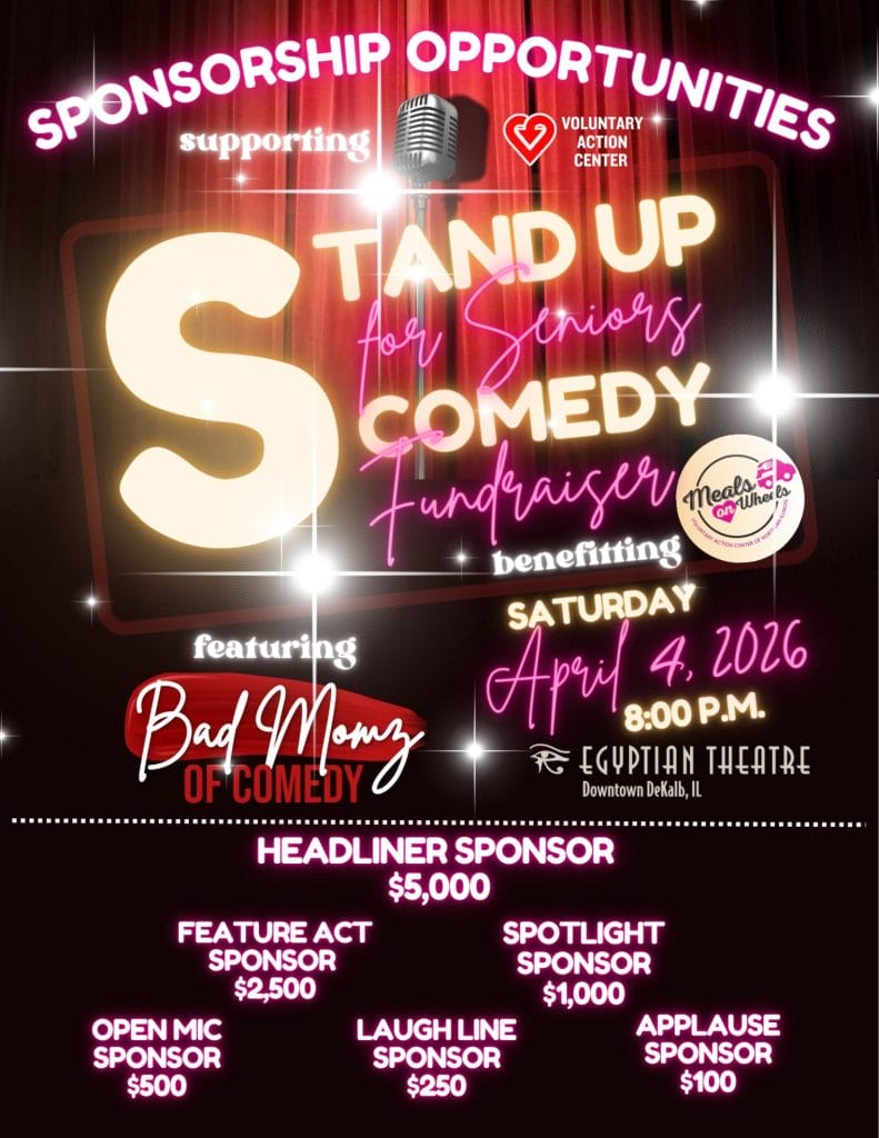 Stand Up for Seniors Comedy Fundraiser flyer. Benefiting VAC Meals of Wheels